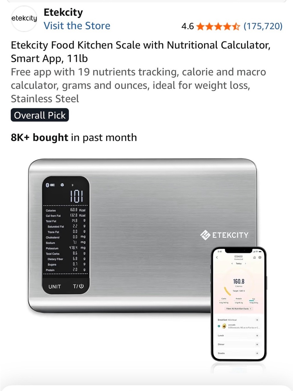 Etekcity Stainless Steel Food Kitchen Scale with Nutritional Calculator - Silver